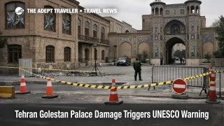 Golestan Palace damage Tehran shown at the palace gate area with light cordons and taped windows after reported blasts