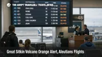 Great Sitkin volcano ORANGE update reflected in Anchorage departures board, signaling Aleutians reroute risk