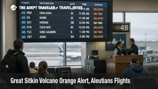 Great Sitkin volcano ORANGE update reflected in Anchorage departures board, signaling Aleutians reroute risk