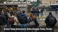 Greece Tempi anniversary strike crowds near Syntagma metro in Athens, with limited transport access cues