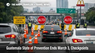 Guatemala state of prevention travel risk, a Guatemala City checkpoint queue slows airport and overland transfers