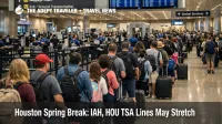 Houston spring break airport delays, longer security line at IAH Terminal E checkpoint during peak travel days