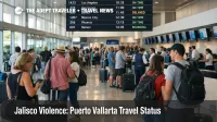 Terminal check in at Puerto Vallarta showing Puerto Vallarta travel status cues and normal flights after Jalisco violence