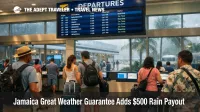 Jamaica Great Weather Guarantee shown by travelers at MBJ as light rain falls outside the terminal entrance