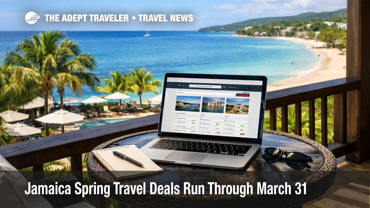 Jamaica spring travel deals, a traveler compares flight and hotel packages with a Montego Bay beach view in March