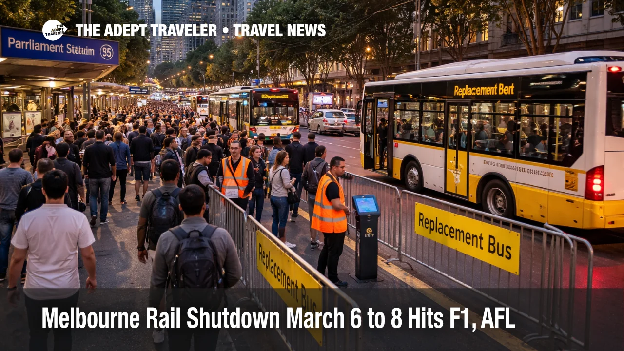 Melbourne rail disruption with replacement buses near Parliament Station as event crowds build on March 6 to 8, 2026
