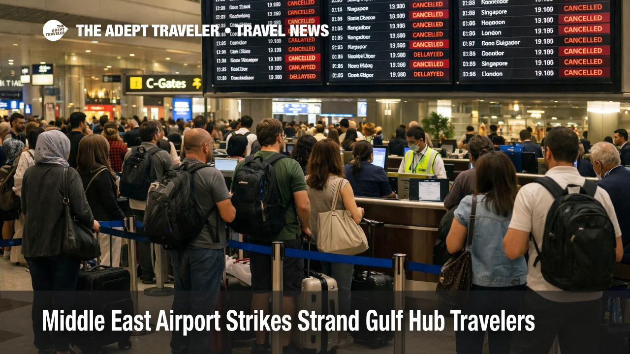 Middle East airport strikes force cancellations at Dubai International as stranded travelers queue under departure boards