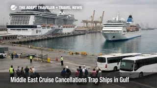 Middle East cruise cancellations, cruise ships held alongside in Dubai port with travelers waiting near terminal shuttles