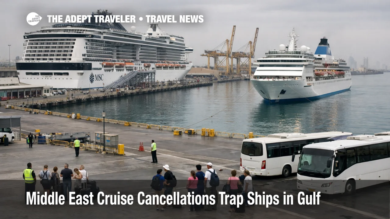 Middle East cruise cancellations, cruise ships held alongside in Dubai port with travelers waiting near terminal shuttles