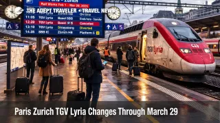 Basel SBB platform scene reflecting Paris Zurich TGV Lyria changes, with passengers checking boards during rail works
