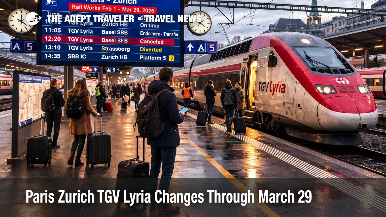 Basel SBB platform scene reflecting Paris Zurich TGV Lyria changes, with passengers checking boards during rail works