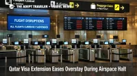 Qatar visa extension airspace closure shown at DOH immigration hall with quiet lanes and flight suspension screens