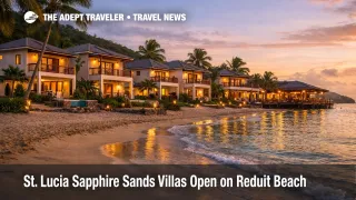 Sapphire Sands Villas St. Lucia on Reduit Beach, showing new beachfront villas with balconies and a calm shoreline