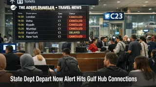 Depart Now travel advisory context, travelers wait under cancellations at Dubai International Airport (DXB)