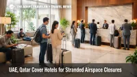 UAE stranded passenger hotels, travelers wait in an Abu Dhabi hotel lobby as flights remain paused