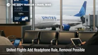 United headphone rule context at a United gate at Chicago O'Hare, reminding travelers to use headphones for audio
