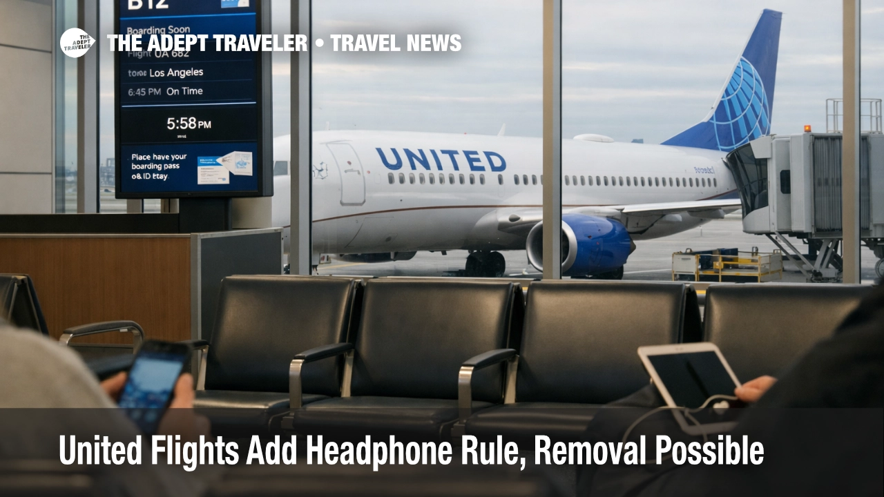 United headphone rule context at a United gate at Chicago O'Hare, reminding travelers to use headphones for audio