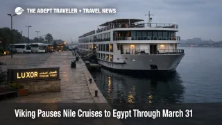 Viking Nile cruises March 2026 paused, a Nile river cruise ship sits moored at Luxor, Egypt, under overcast skies