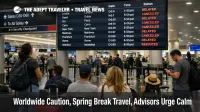 Spring break travel disruptions shown on an airport departures board as travelers watch reroutes and delays