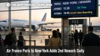 Air France Paris New York flights expand with a second daily Newark departure shown on a CDG gate board and A350
