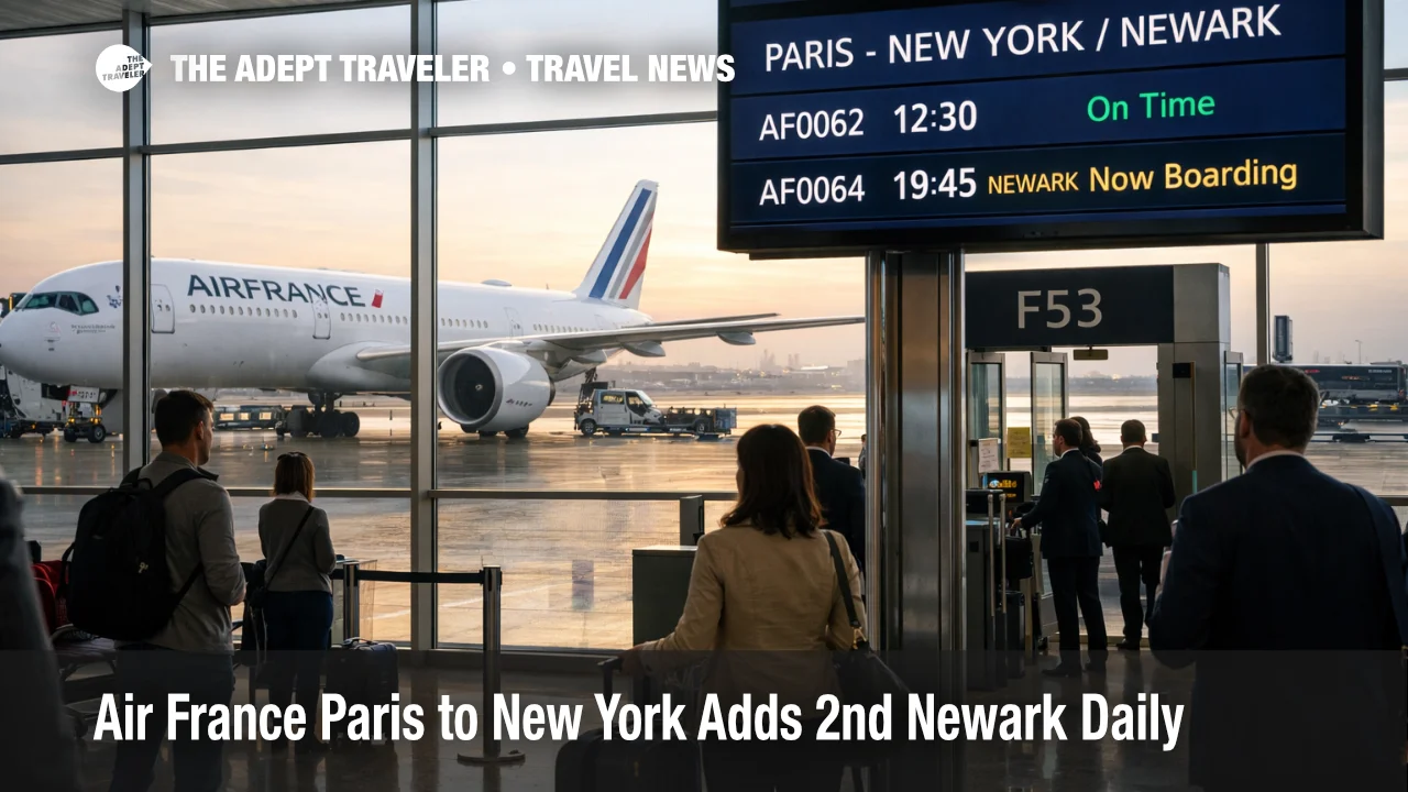 Air France Paris New York flights expand with a second daily Newark departure shown on a CDG gate board and A350