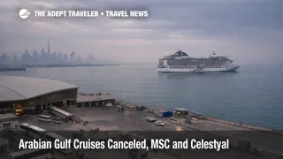 Arabian Gulf cruise cancellations, cruise ship held in Dubai port as travelers wait for repatriation flights