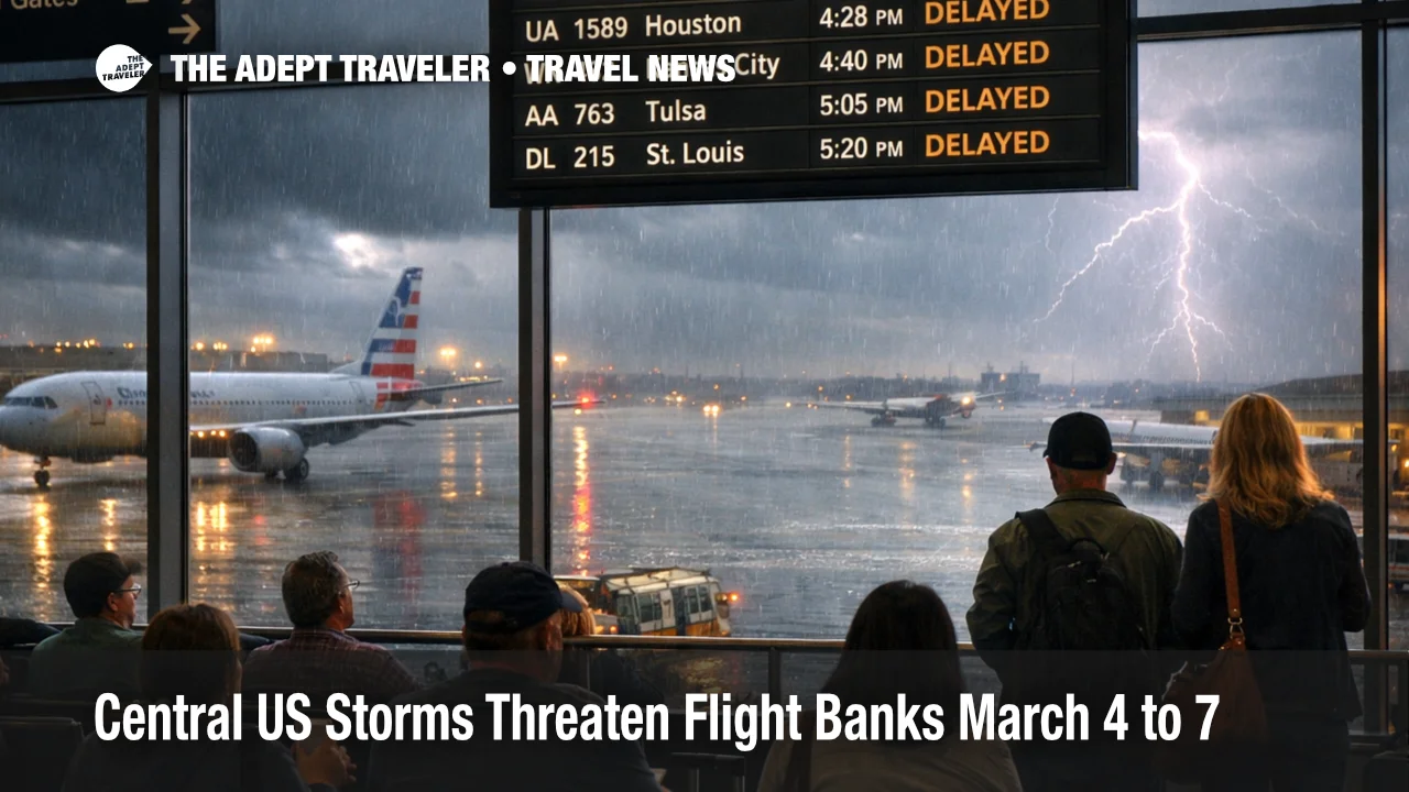 Central US severe storms flight delays shown by travelers watching DFW departure boards during thunderstorms