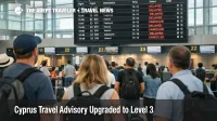 Cyprus travel advisory Level 3 context, travelers watch delays and cancellations at Larnaca airport departures