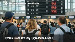 Cyprus travel advisory Level 3 context, travelers watch delays and cancellations at Larnaca airport departures