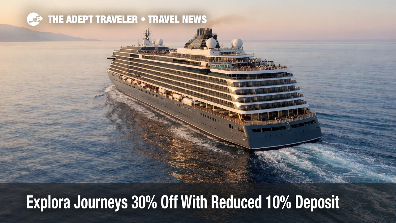 Explora Journeys reduced deposit offer, luxury cruise ship at sea, as travelers weigh up to 30% savings