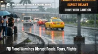 Fiji flood warnings show flooded access roads near Nadi International Airport, increasing transfer delays and missed departures