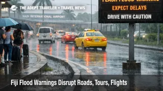Fiji flood warnings show flooded access roads near Nadi International Airport, increasing transfer delays and missed departures