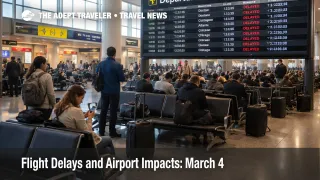U.S. flight delays March 4 shown by travelers waiting under a departures board posting weather delays at JFK