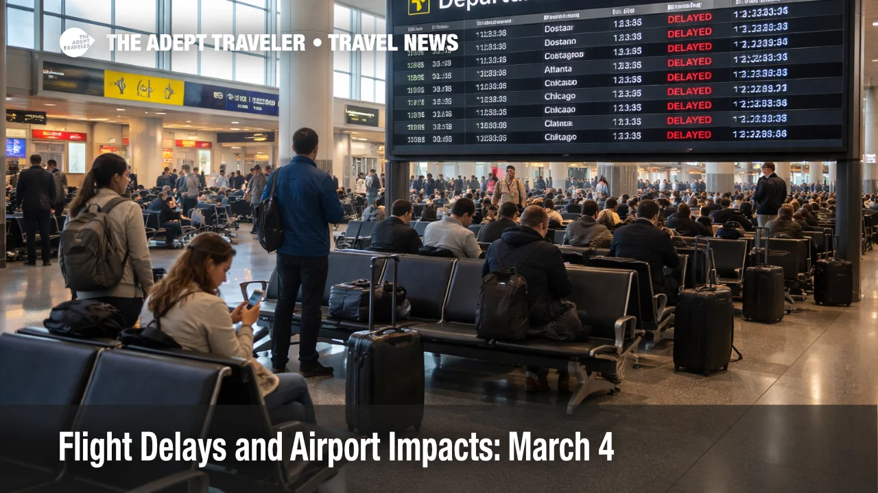 U.S. flight delays March 4 shown by travelers waiting under a departures board posting weather delays at JFK