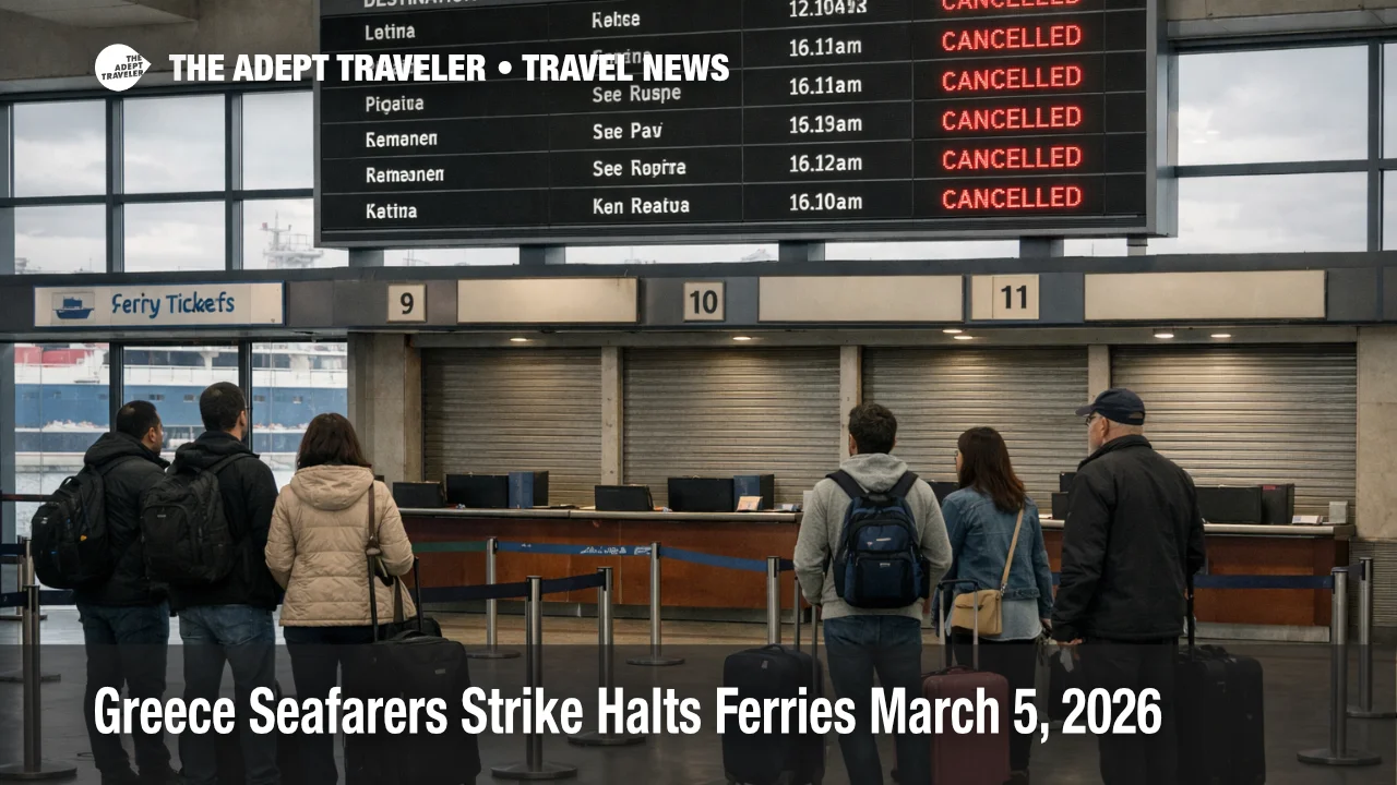 Greece seafarers strike ferries shown at Piraeus terminal with canceled sailings and travelers waiting