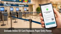 Maurice Bishop arrivals area shows Grenada online ED card workflow, with kiosks and a phone receipt ready for entry processing