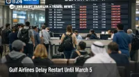 Gulf airlines restart March 5, travelers wait under delay boards at Dubai International Airport during partial operations