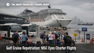 Gulf cruise repatriation flights stall as passengers wait near Dubai cruise port shuttles under overcast skies