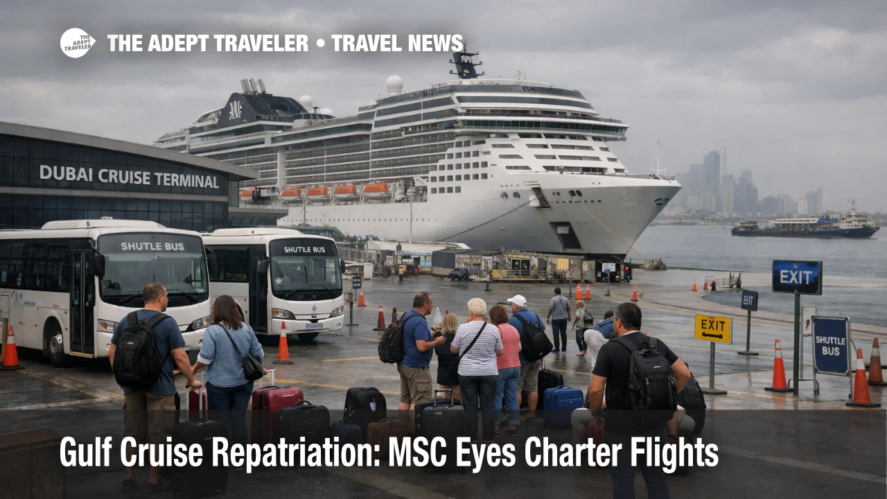 Gulf cruise repatriation flights stall as passengers wait near Dubai cruise port shuttles under overcast skies