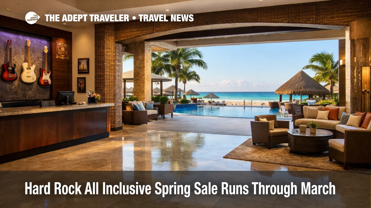 Hard Rock all inclusive sale at a Cancun beachfront resort lobby, showing check in area and pool access for spring stays