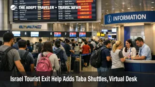 Travelers queue at Ben Gurion as Israel tourist evacuation help points to shuttles and border exits