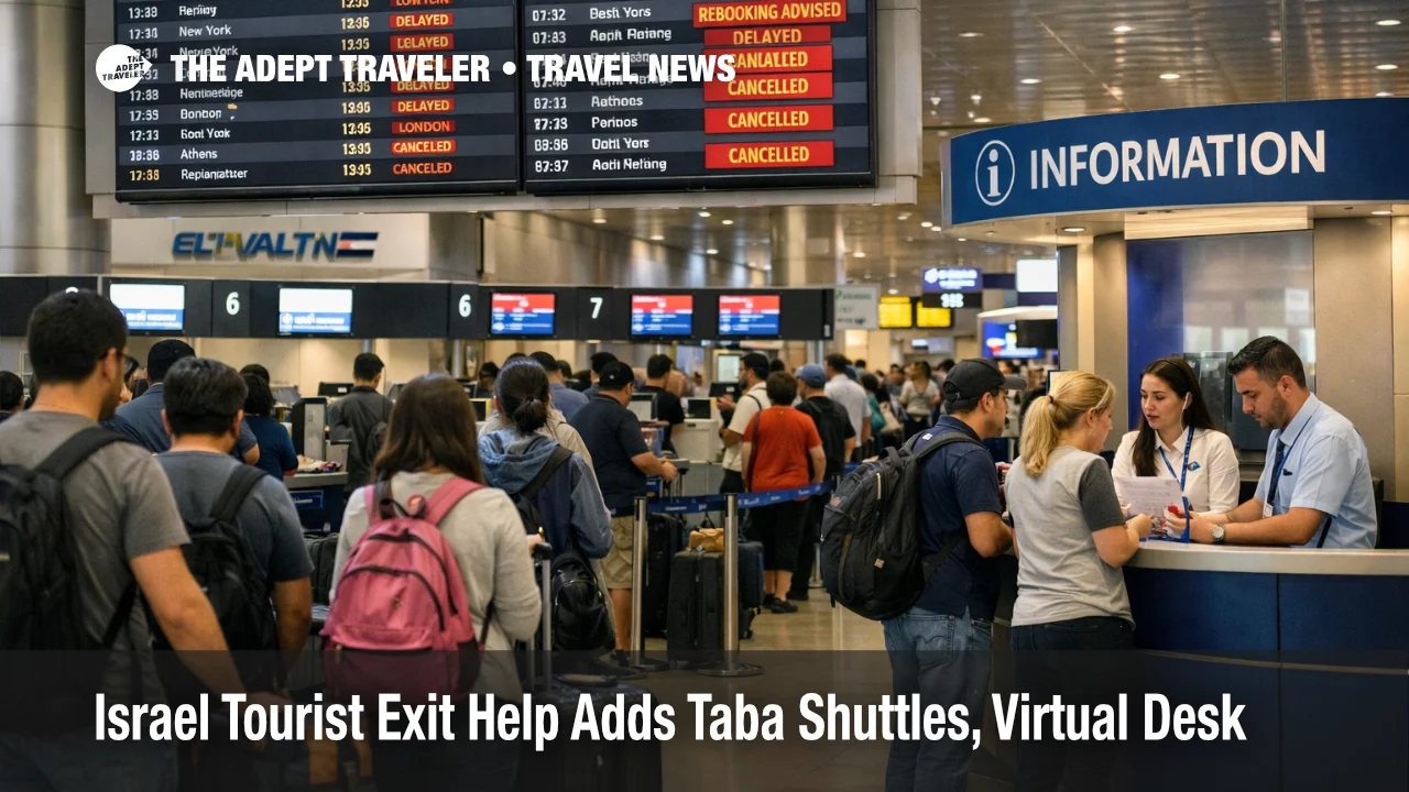 Travelers queue at Ben Gurion as Israel tourist evacuation help points to shuttles and border exits