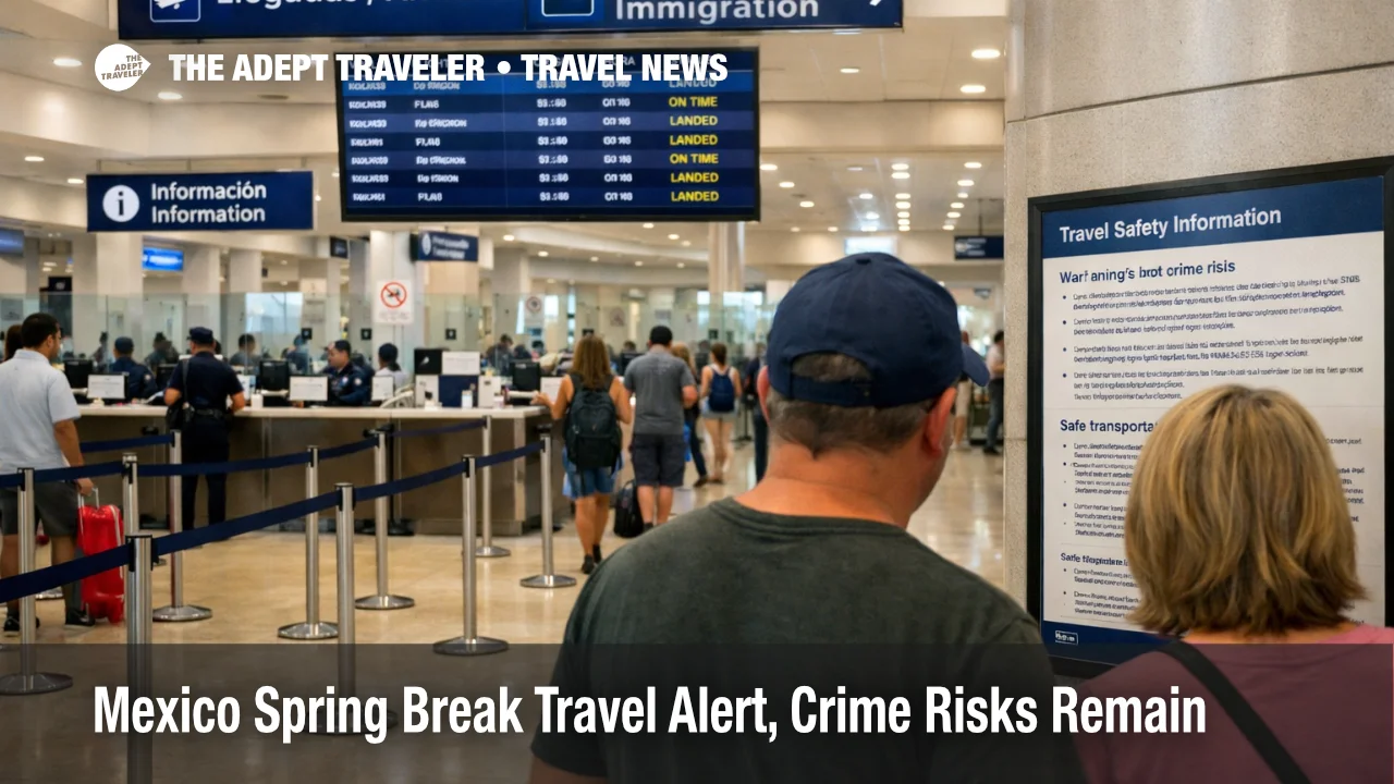 Mexico spring break travel alert at Cancun airport arrivals, travelers review state advisories and safety steps