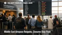 Passengers wait at Muscat International Airport as Middle East airspace reopenings stay fluid