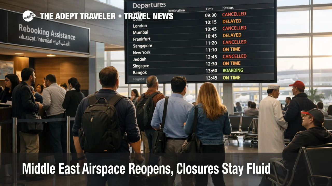 Passengers wait at Muscat International Airport as Middle East airspace reopenings stay fluid