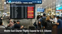 State Department charter flights pressure builds as Dubai flight cancellations leave travelers waiting under departure boards