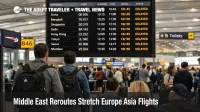 Middle East rerouting delays shown on Heathrow boards, longer Europe Asia flight times, and waiting passengers at gates