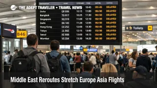 Middle East rerouting delays shown on Heathrow boards, longer Europe Asia flight times, and waiting passengers at gates