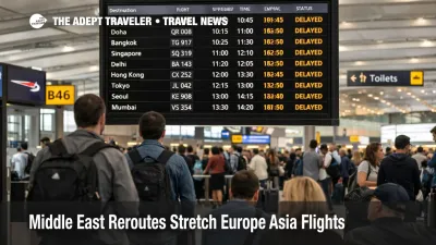 Middle East rerouting delays shown on Heathrow boards, longer Europe Asia flight times, and waiting passengers at gates