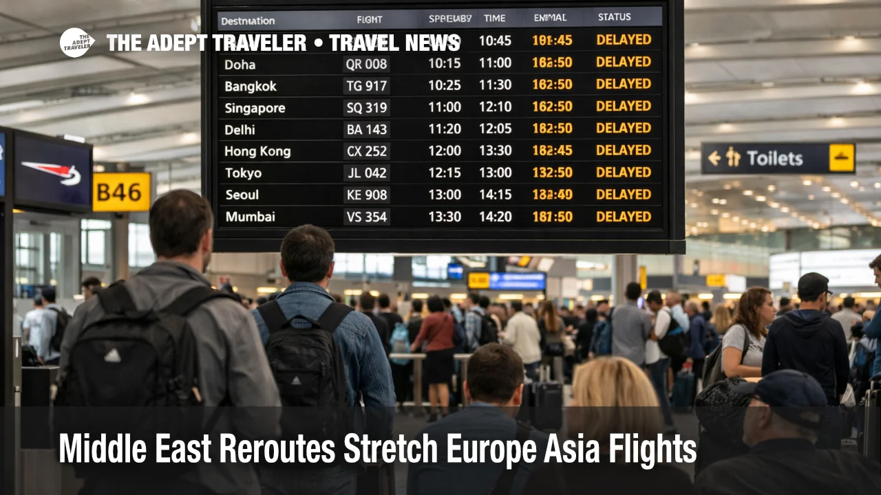 Middle East rerouting delays shown on Heathrow boards, longer Europe Asia flight times, and waiting passengers at gates
